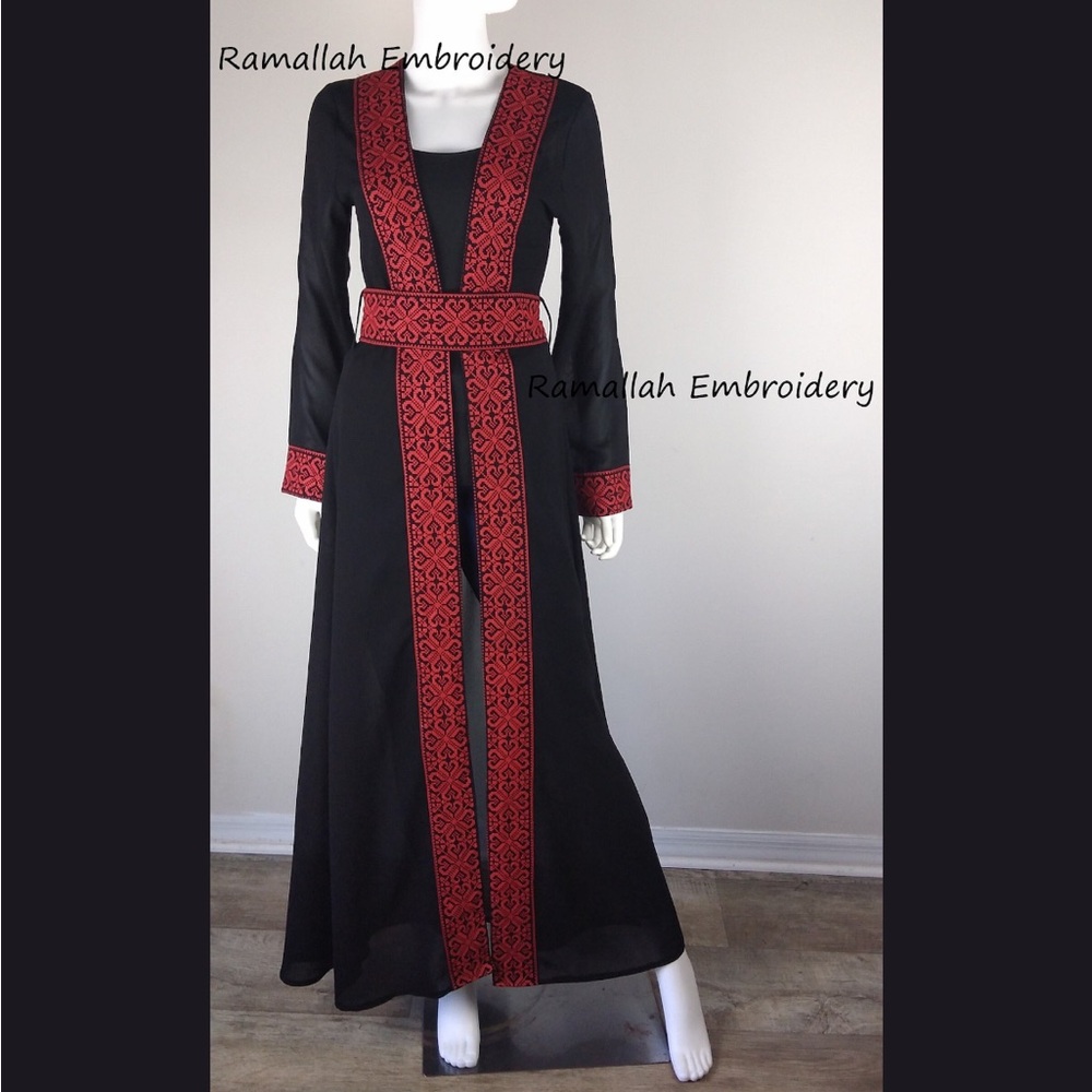 Elegant Black and Red Embroidered Palestinian Style Abaya